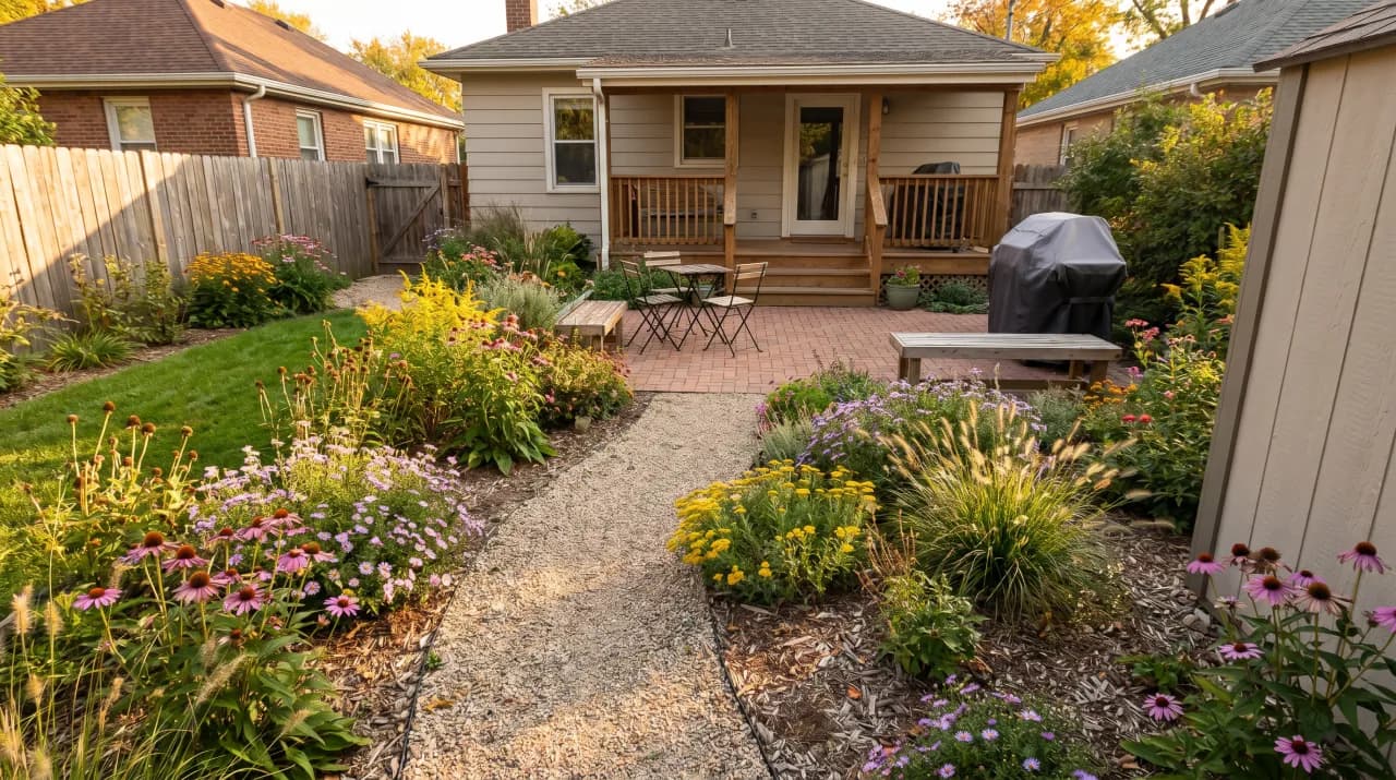 Prairie-style garden with coneflowers, ornamental grasses and gravel path through a naturalistic planting