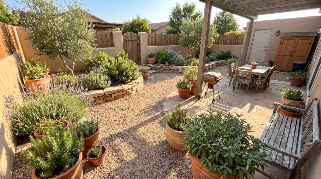 Southwest backyard patio with olive trees, lavender, terracotta pots, gravel and a wood pergola