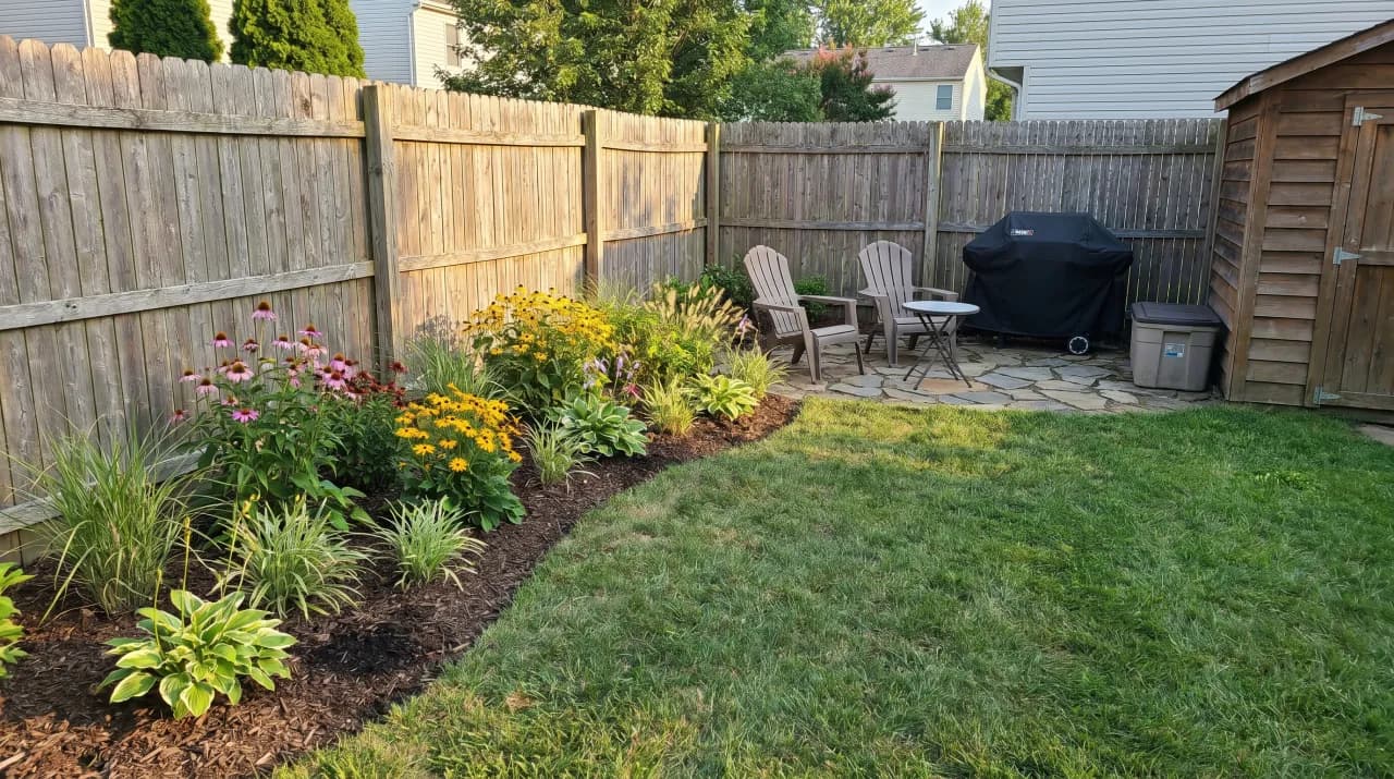 Suburban backyard with perennial border along fence featuring coneflowers, rudbeckia and hostas