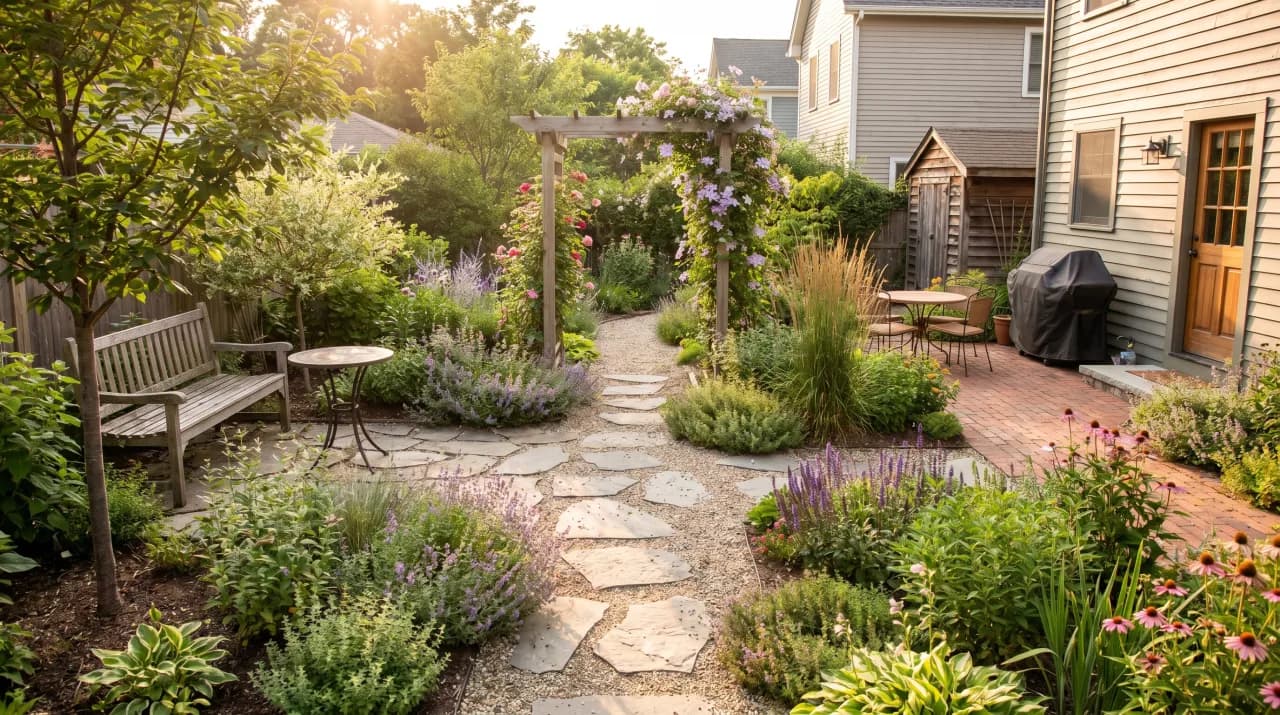 Cottage-style garden with flagstone path, lavender, mixed perennials and a rose-covered pergola