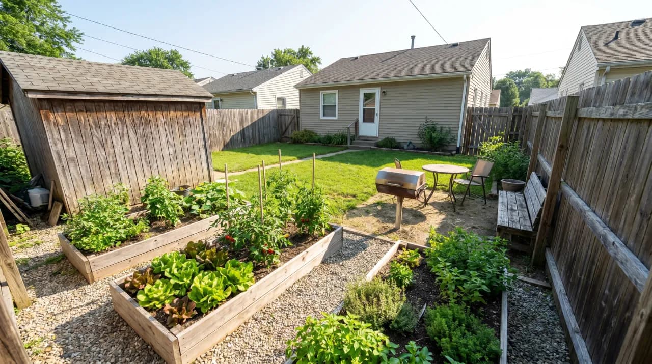 Backyard with raised vegetable beds, gravel paths and a storage shed