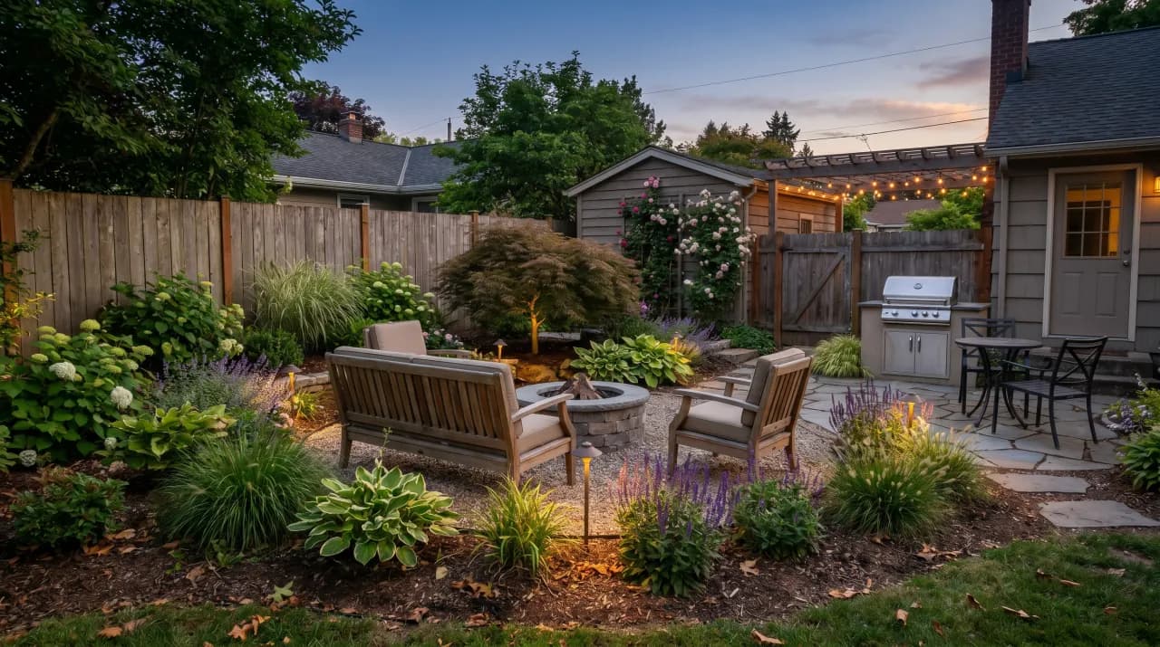 Lush backyard at dusk with fire pit seating area, ornamental grasses, hostas and hydrangeas