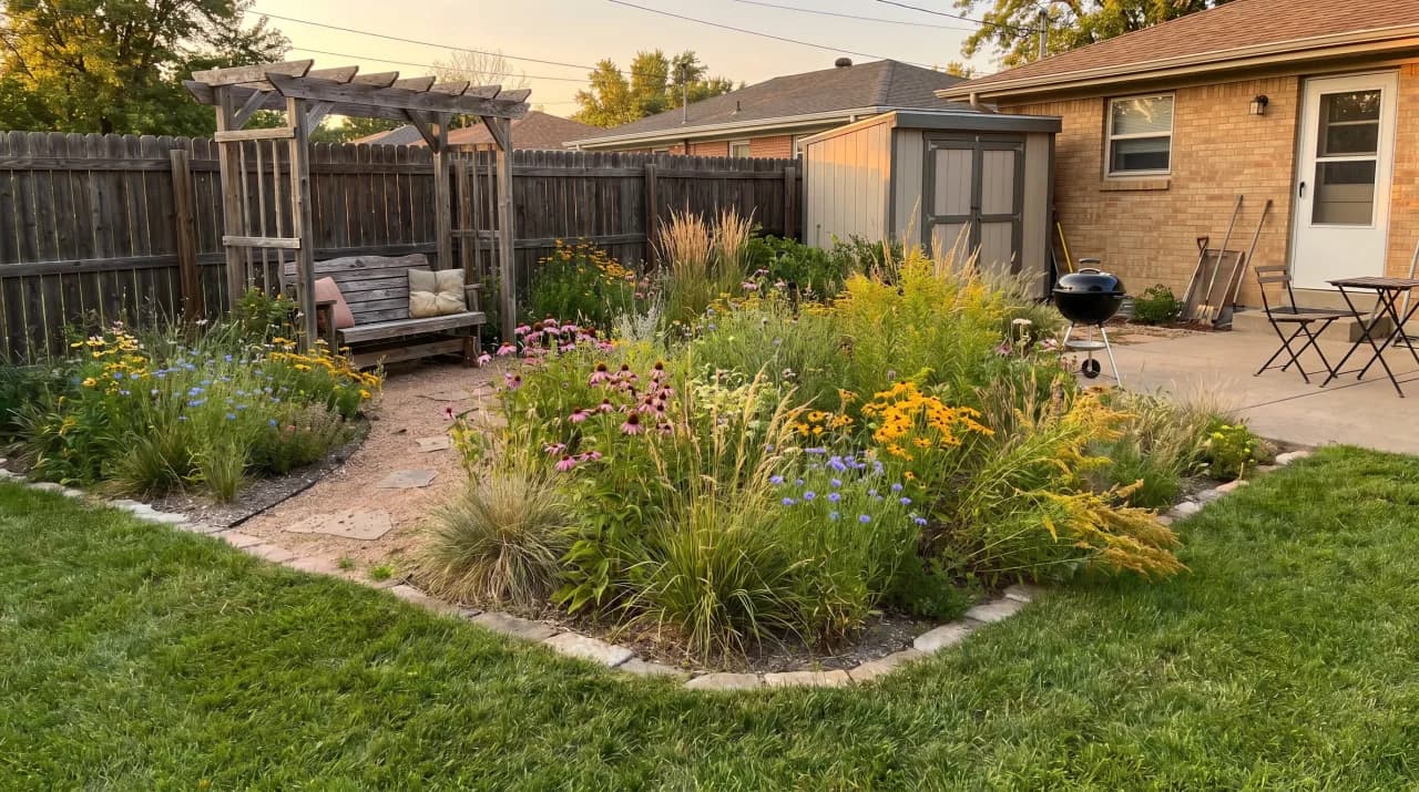 Prairie pollinator garden with rudbeckia, ornamental grasses, coneflowers and a gravel path