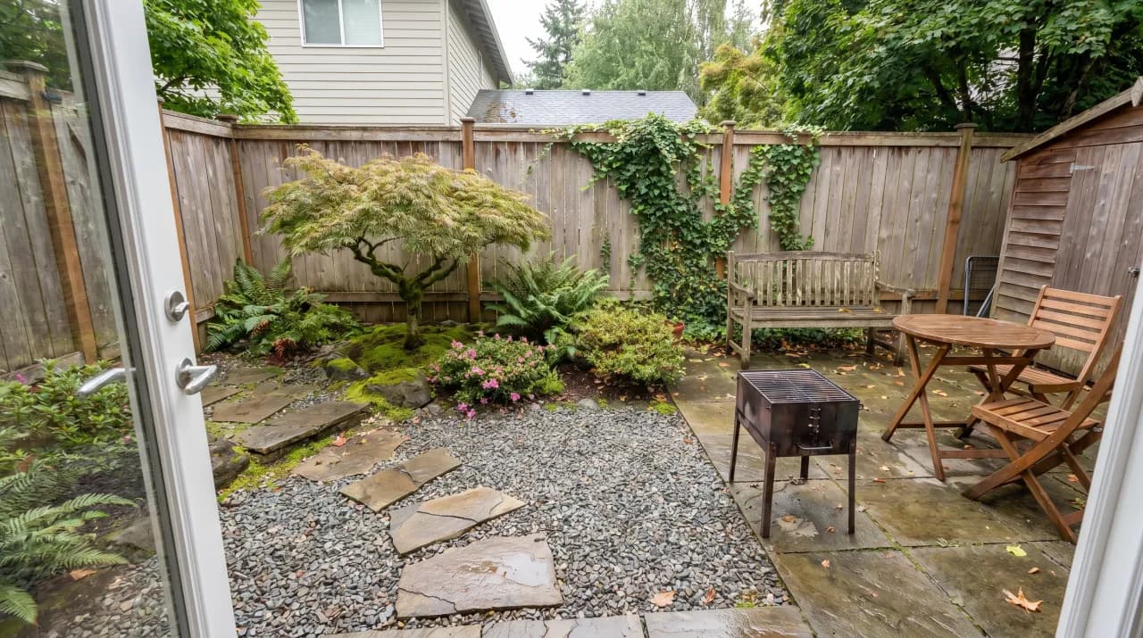 Pacific Northwest small garden with Japanese maple, ferns, stepping stones through gravel and a bench