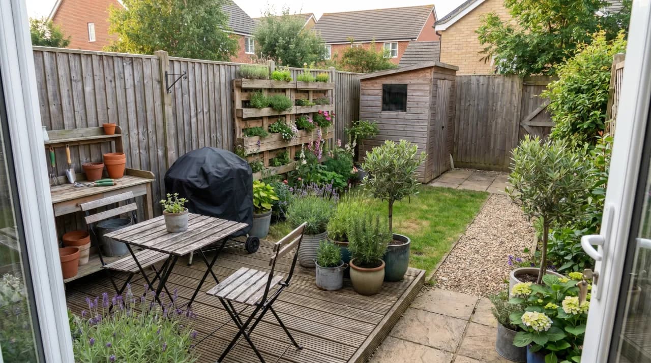 Small urban garden with wood deck, potted plants, vertical shelf planter and a bistro table