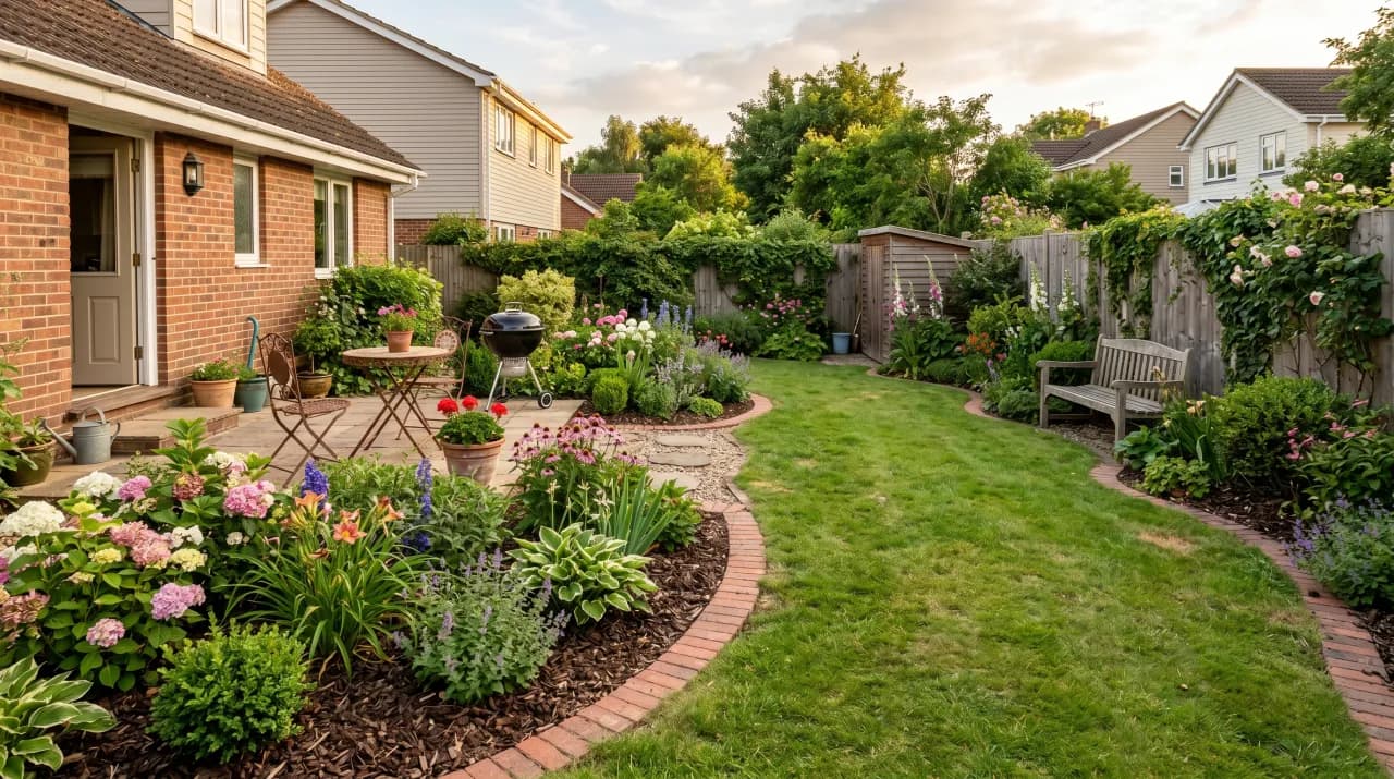 Cottage garden with curved lawn edge, hydrangeas and mixed flowering borders with brick edging