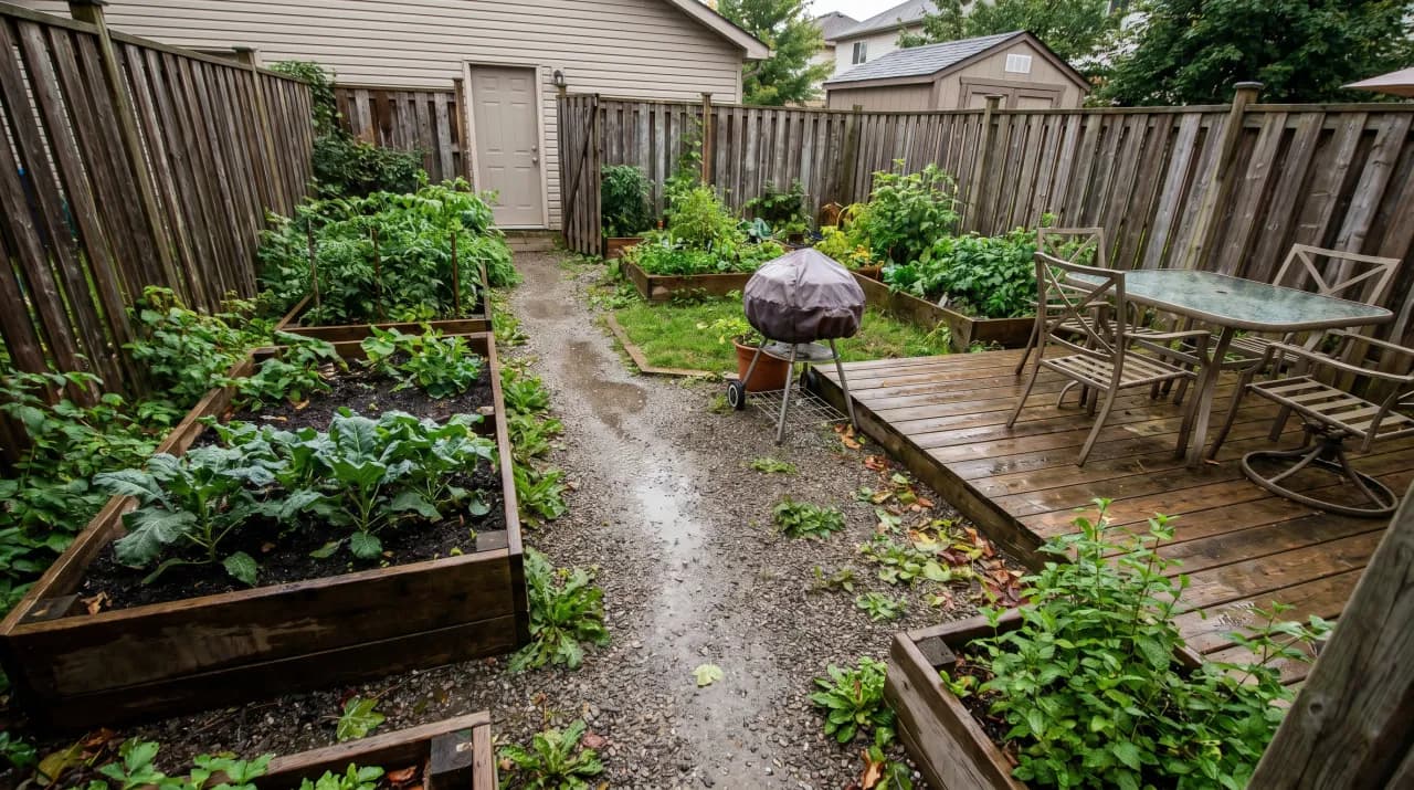 Raised vegetable beds in a wet backyard with a wood deck and casual garden furniture