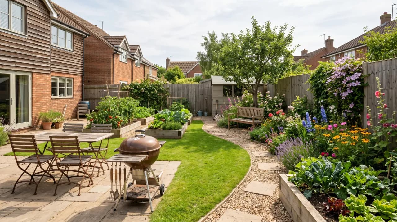 English-style garden with curved lawn, raised stone beds, mixed perennial borders and a paved seating area