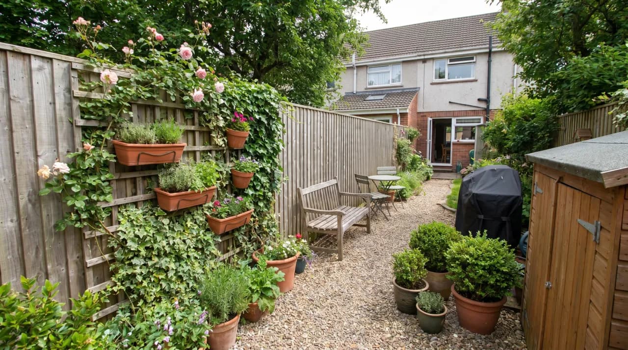 Narrow side yard with gravel, wood trellis, climbing roses and ivy, window boxes and potted topiary