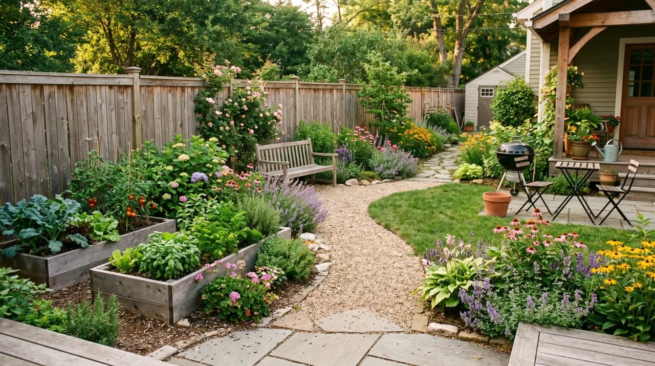 Informal garden with gravel path, mixed raised beds, lavender, rudbeckia, coneflowers and a bench
