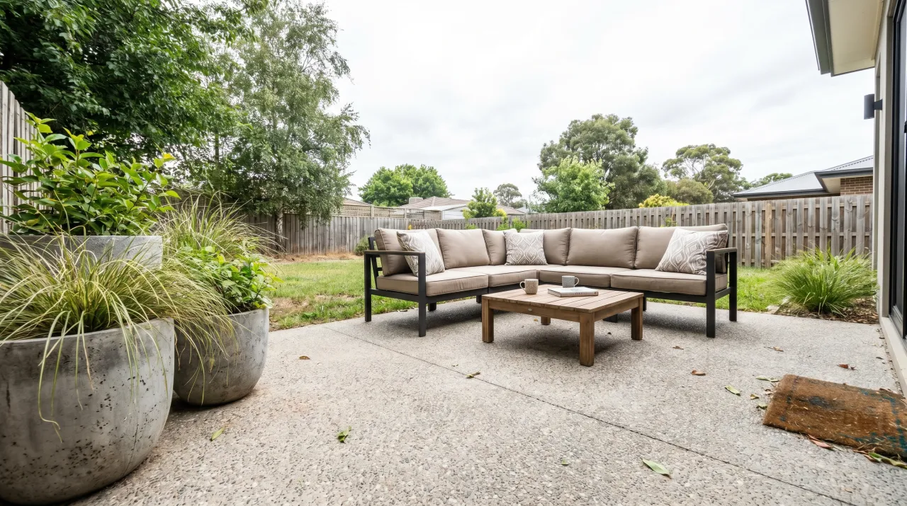 Concrete patio with minimalist sectional sofa, large concrete planters with ornamental grasses and open lawn