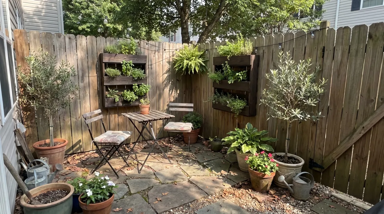 Tiny urban backyard with bistro table, vertical wood wall planters filled with ferns and flagstone paving