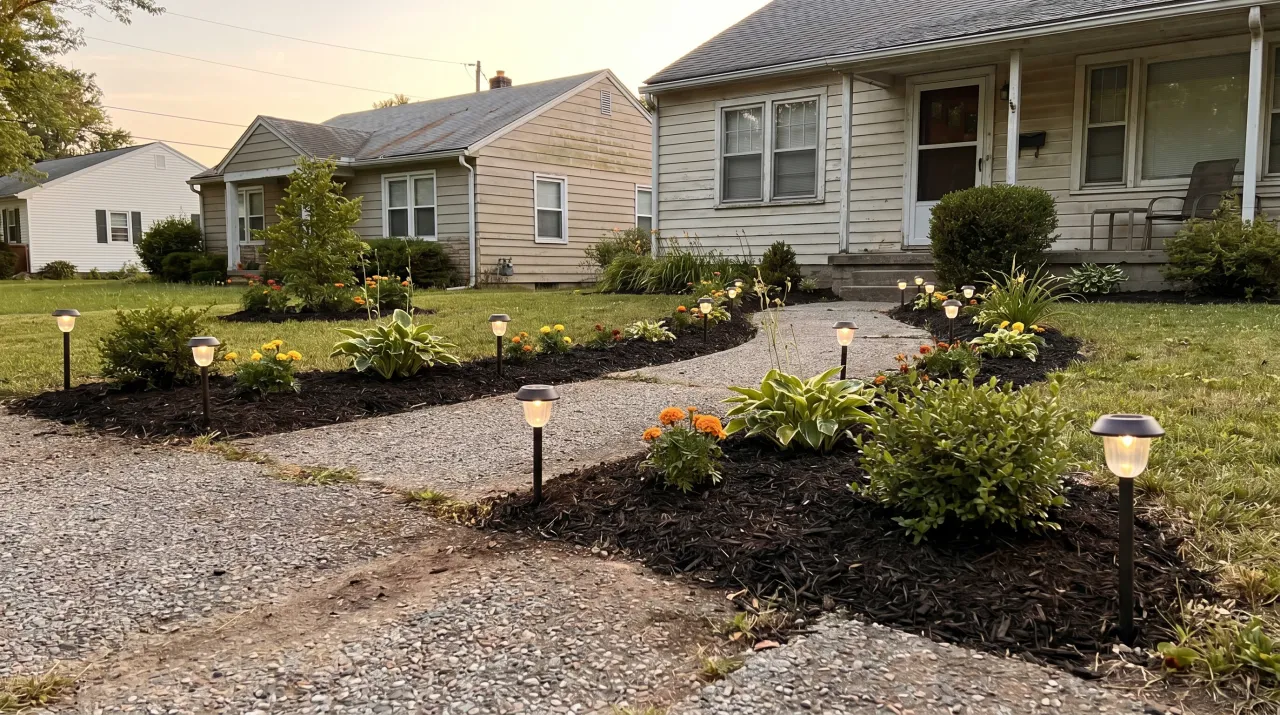 Two suburban homes with fresh mulch beds, solar path lights, small shrubs and marigolds