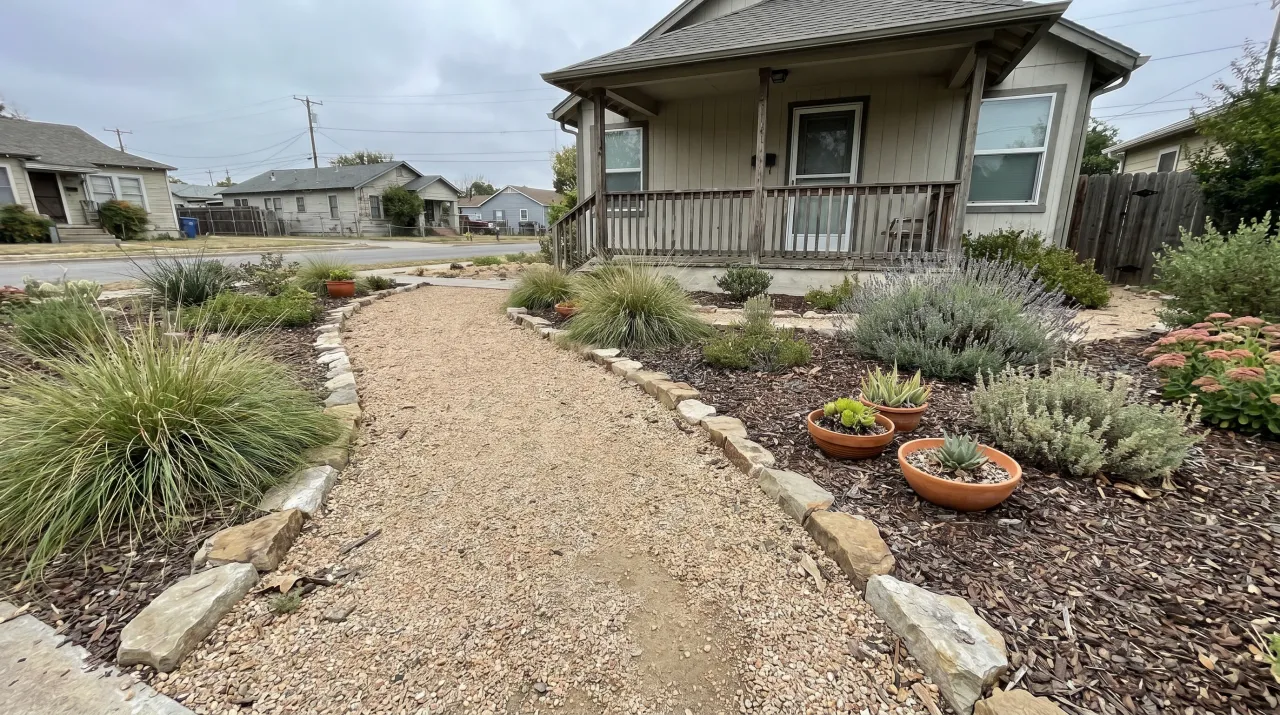 Craftsman home with gravel path, ornamental grasses, lavender and terracotta pots with stone edging