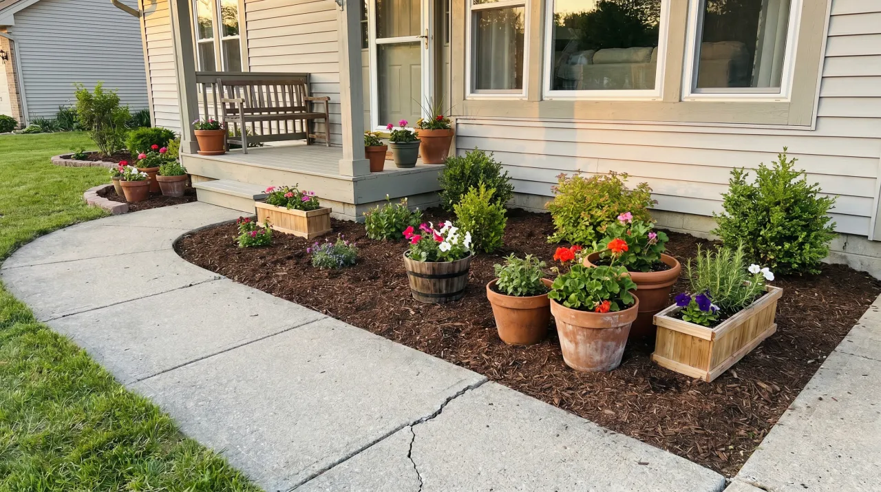 Modest home with mixed potted flowers and shrubs along the front path with mulch beds