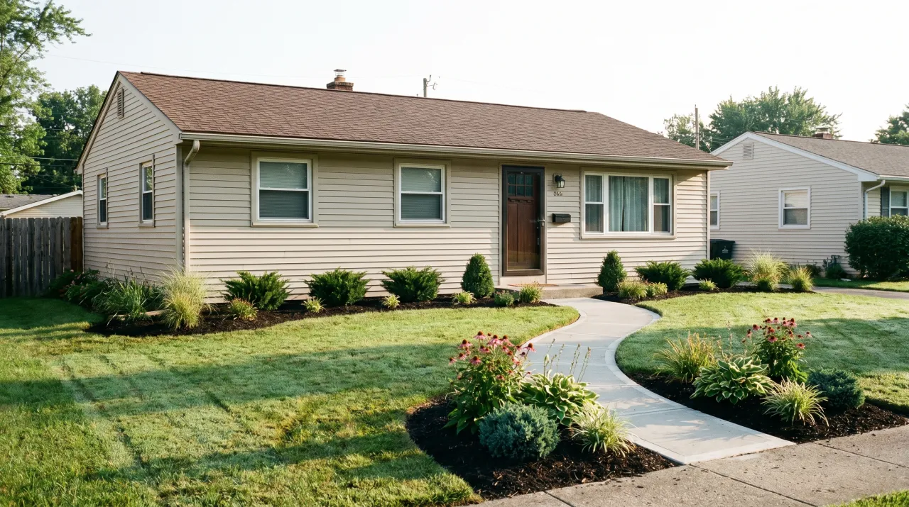 Ranch home with curved mulch beds, mixed shrubs and flowers along a concrete path