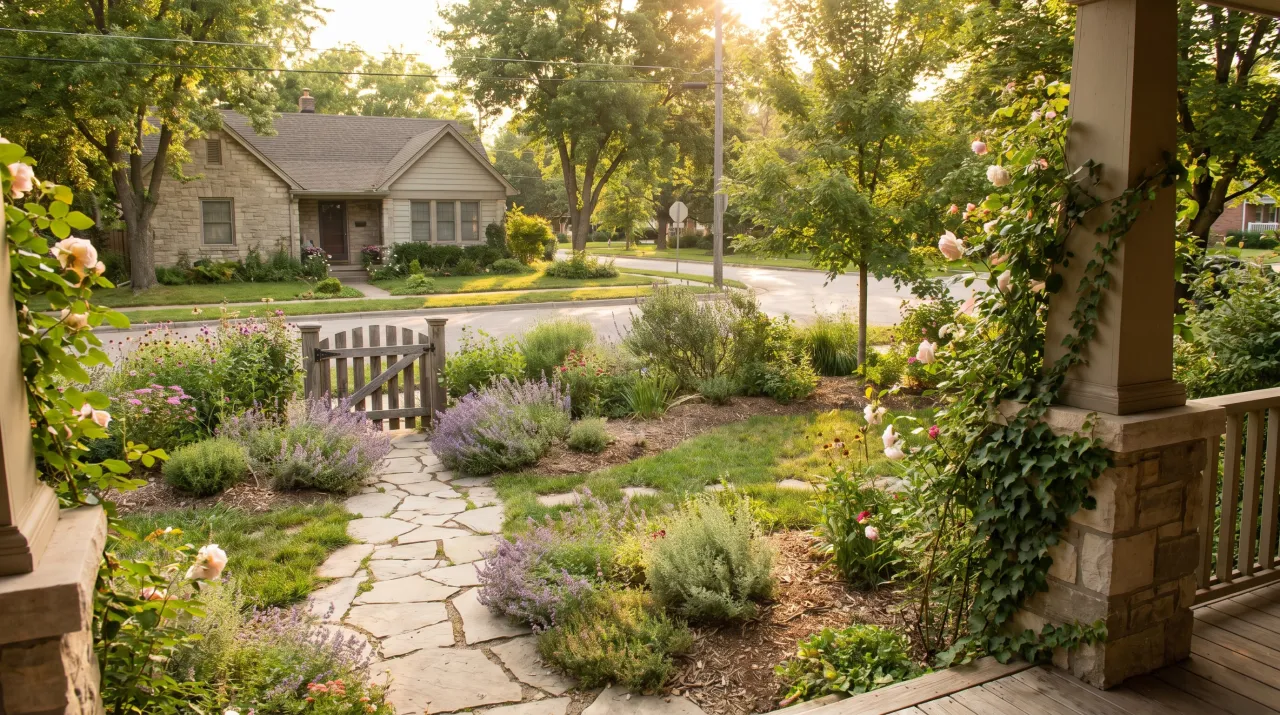 Stone cottage with informal garden, lavender, roses, picket gate and flagstone path