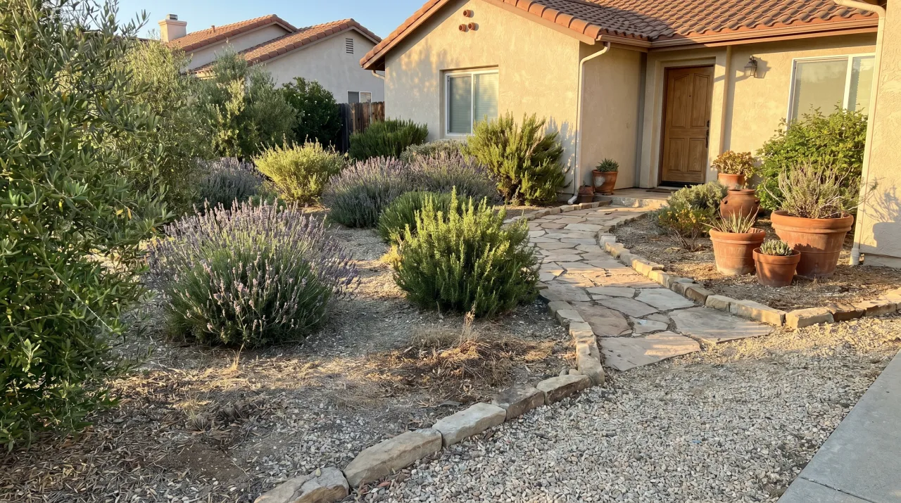Stucco California home with gravel front yard, lavender, succulents and terracotta pots