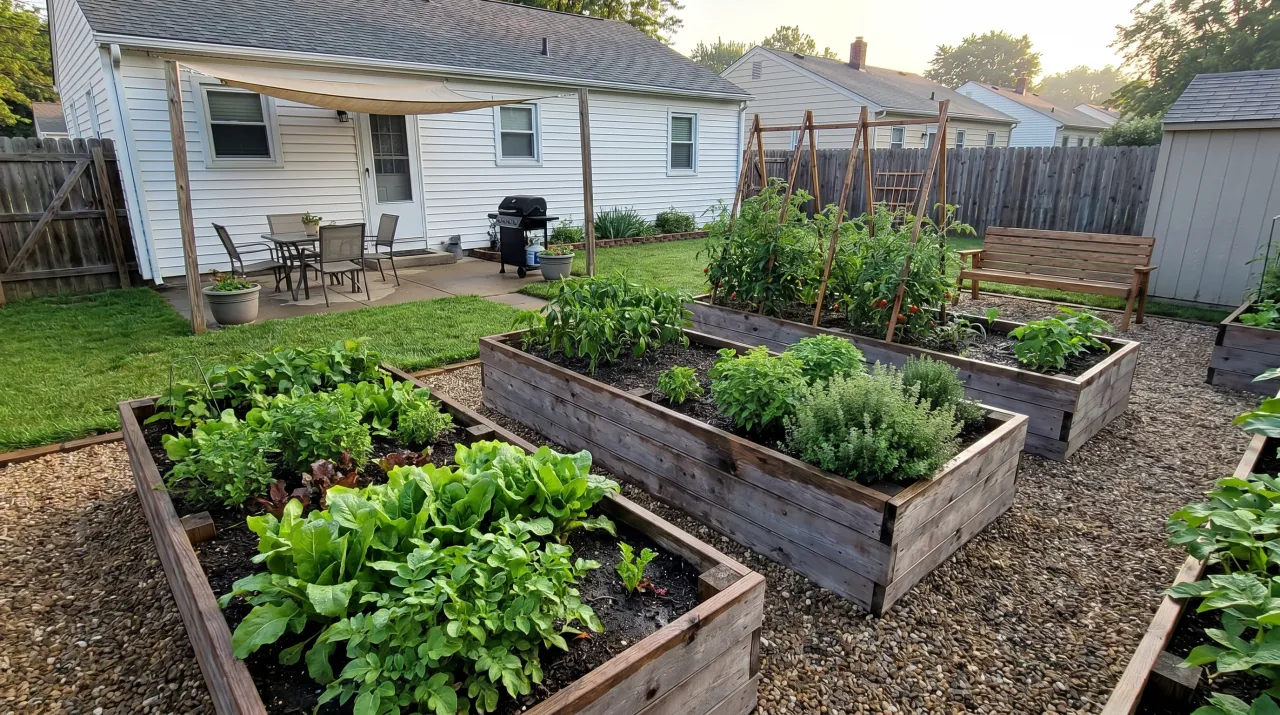 Suburban backyard with multiple wooden raised vegetable beds growing leafy greens, tomatoes and herbs