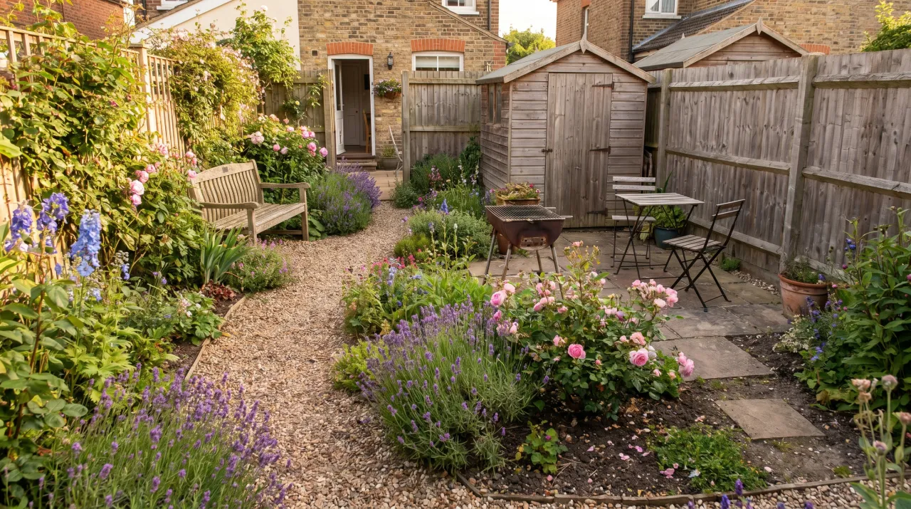 Compact cottage garden with gravel path, lavender, roses and mixed perennials with a bench and bistro table