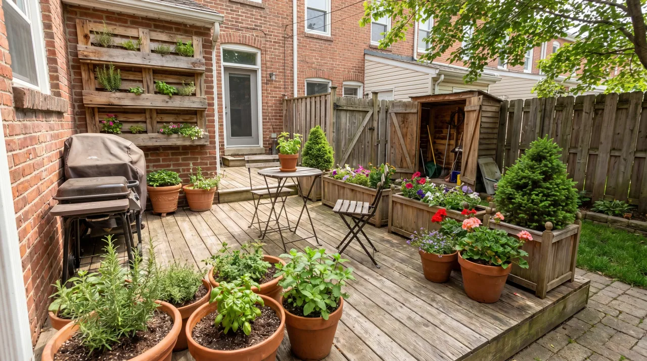 Urban townhouse deck with terracotta pots of herbs and vegetables and a vertical pallet wall planter