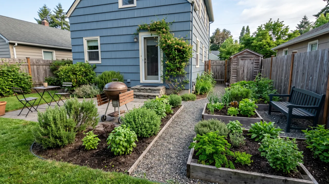 Blue house backyard with raised herb and vegetable beds, gravel paths, ornamental grasses and stone patio
