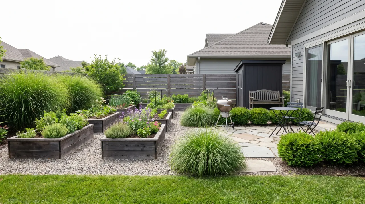 Modern backyard with dark wooden raised beds, ornamental grasses, gravel paths and a seating area